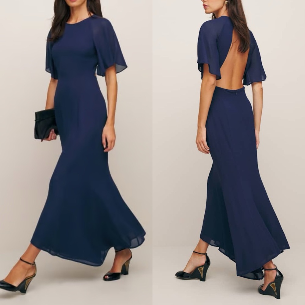 Reformation Carletta Dress in Danube Navy Open Back Maxi